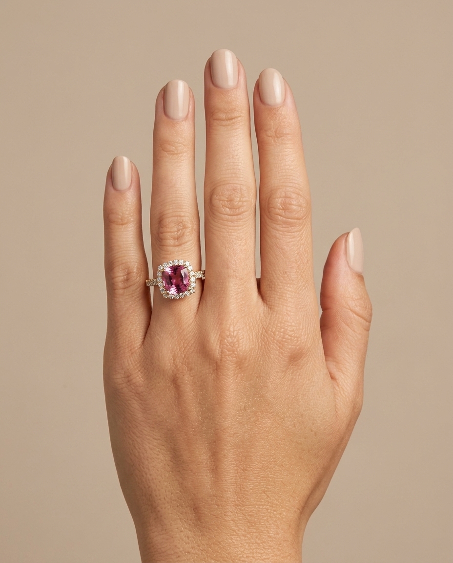 14KT Yellow Gold Pink Tourmaline and Diamonds Ring on model
