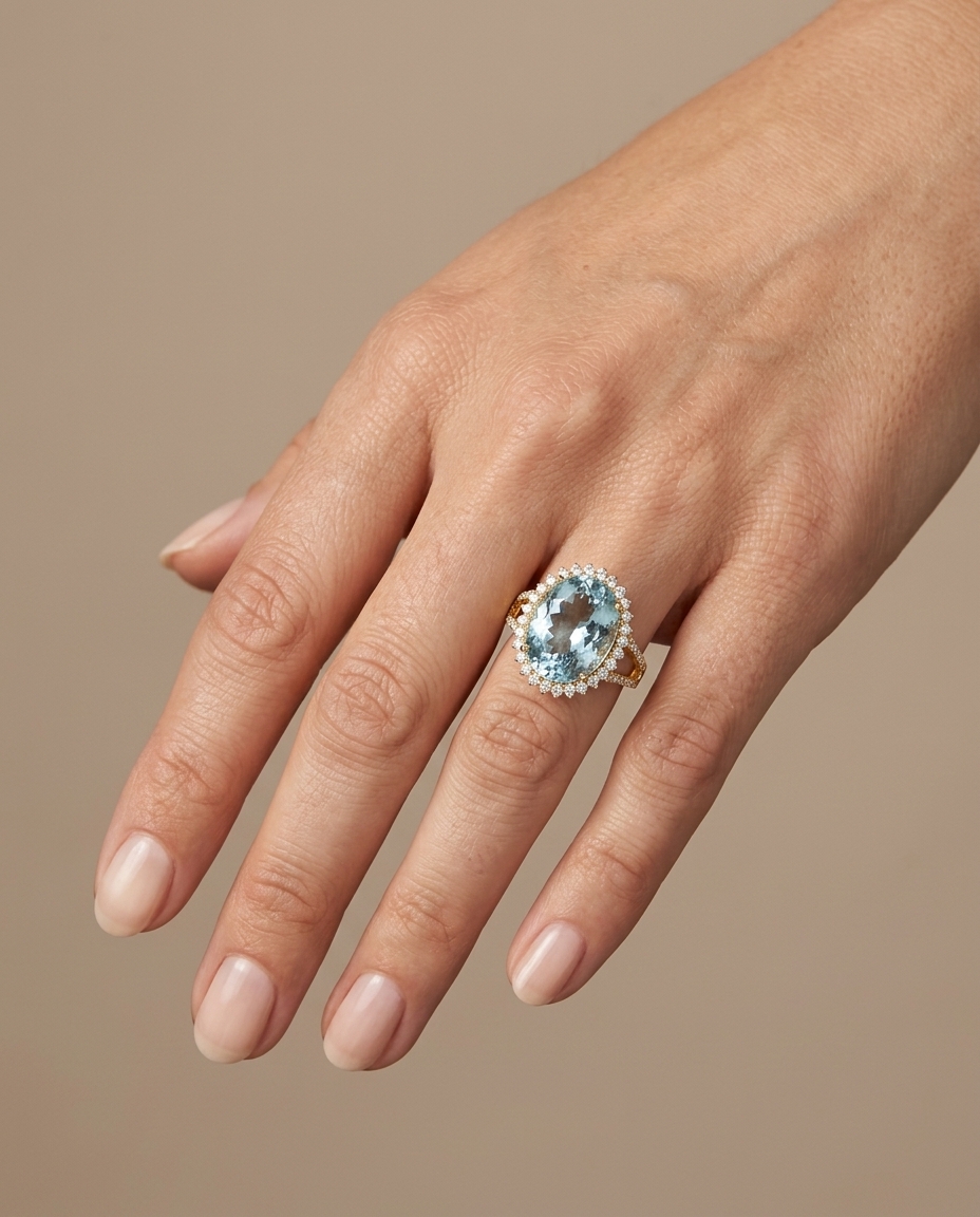 14KT Yellow Gold Aquamarine and Diamonds Ring view 2