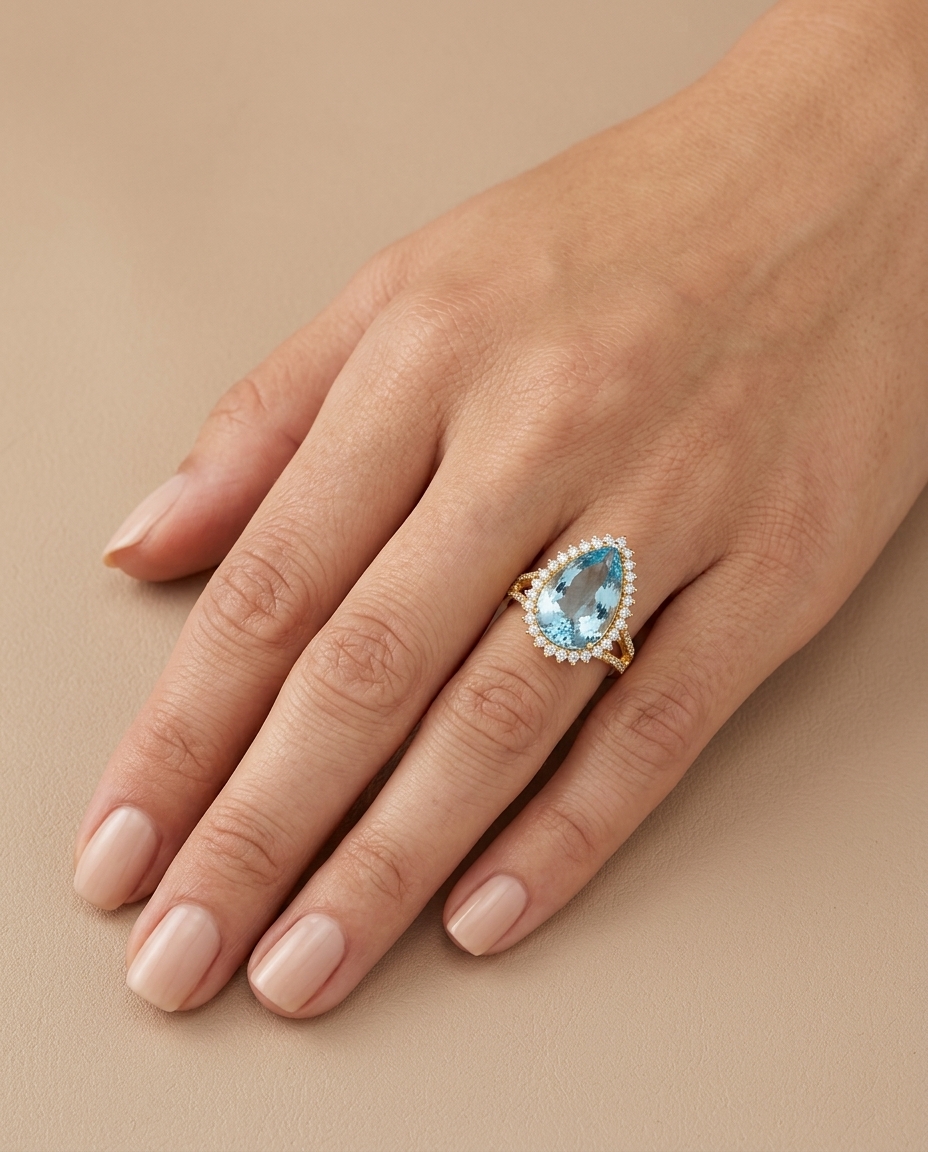 14KT Yellow Gold Aquamarine and Diamonds Ring view 2