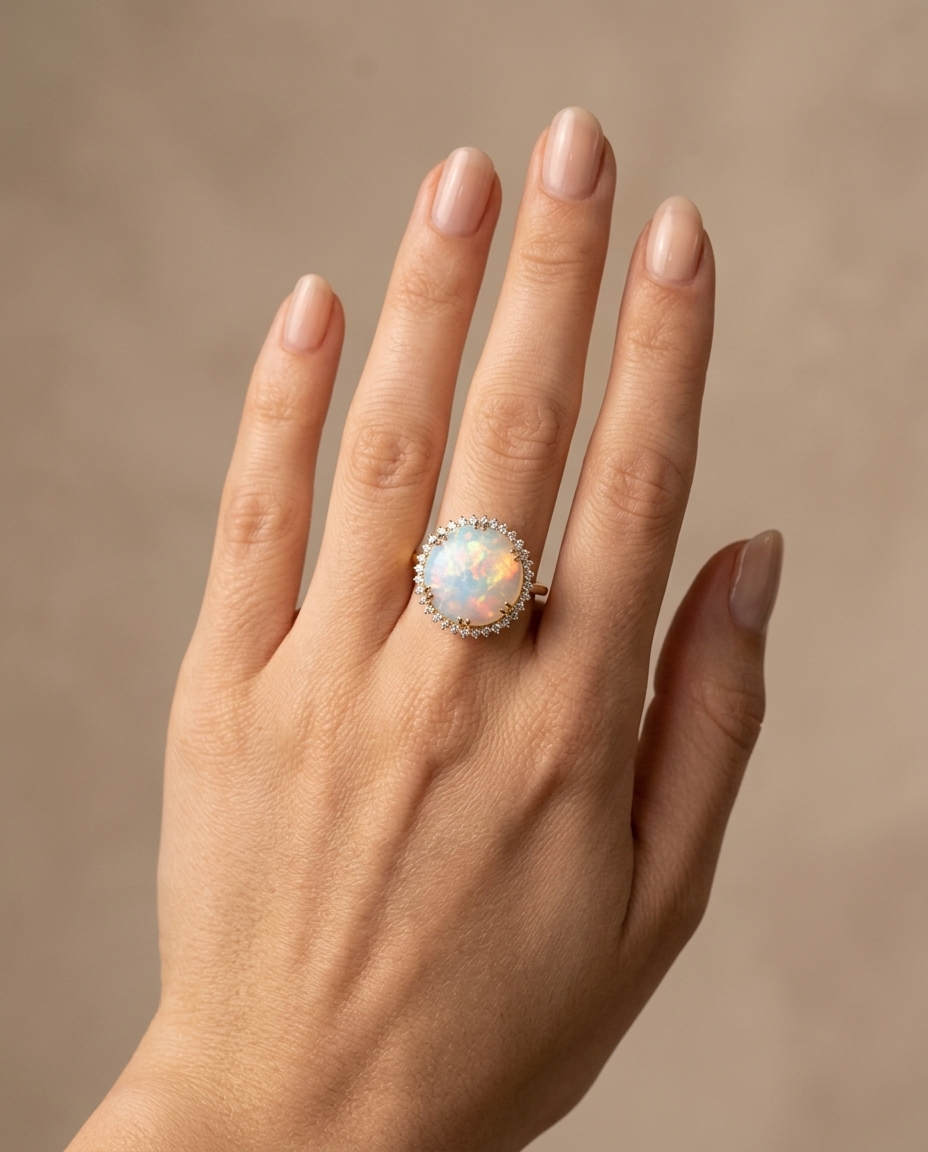 14KT Yellow Gold Opal and Diamonds Ring view 2