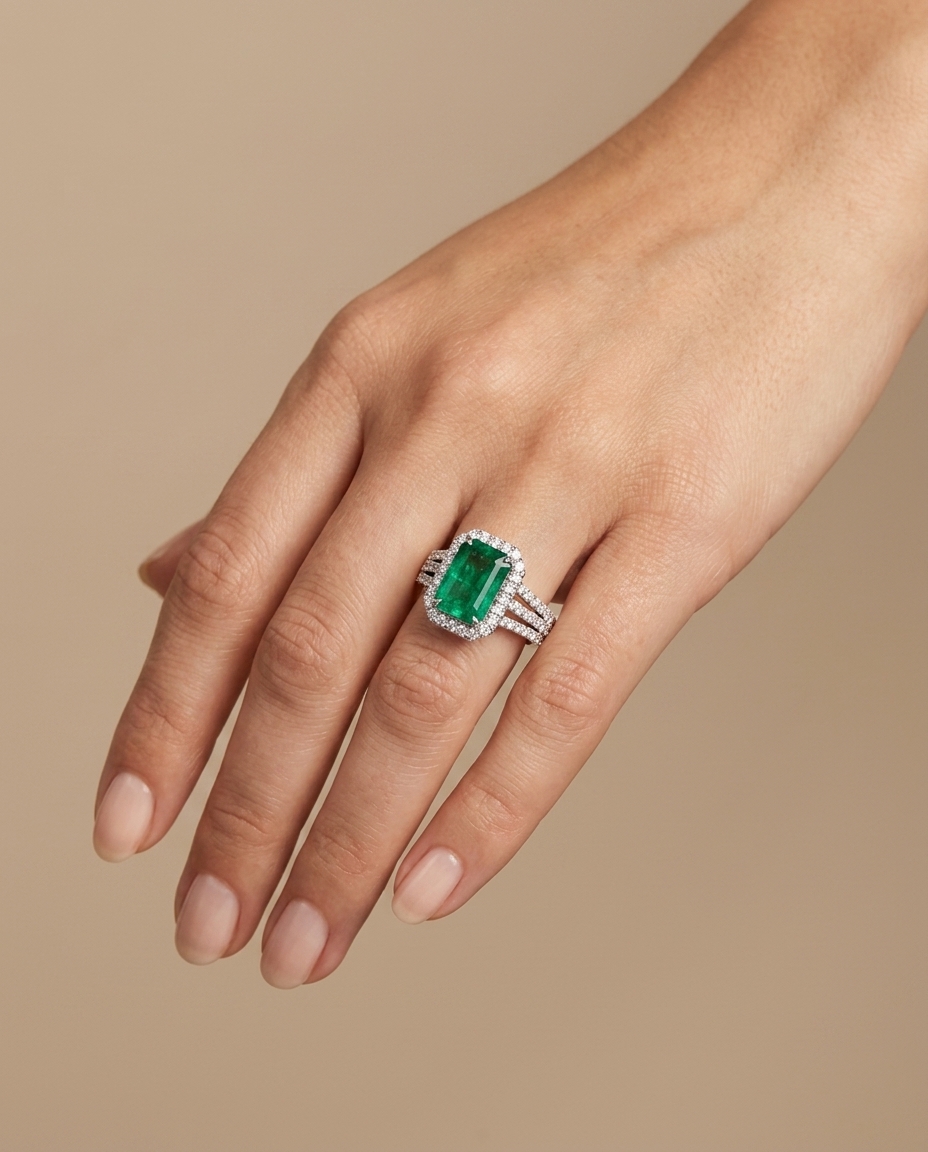 18KT White Gold Emerald and Diamonds Ring view 2
