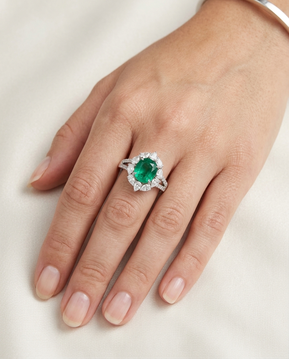 18KT White Gold Emerald and Diamonds Ring on model