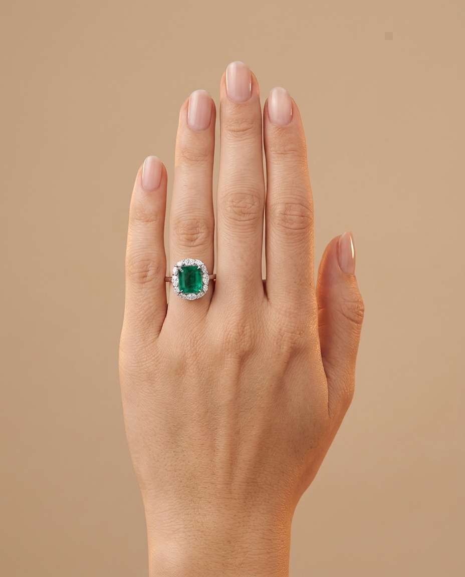 18KT White Gold Emerald and Diamonds Ring view 2
