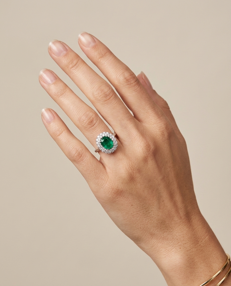18KT White Gold Emerald and Diamonds Ring on model