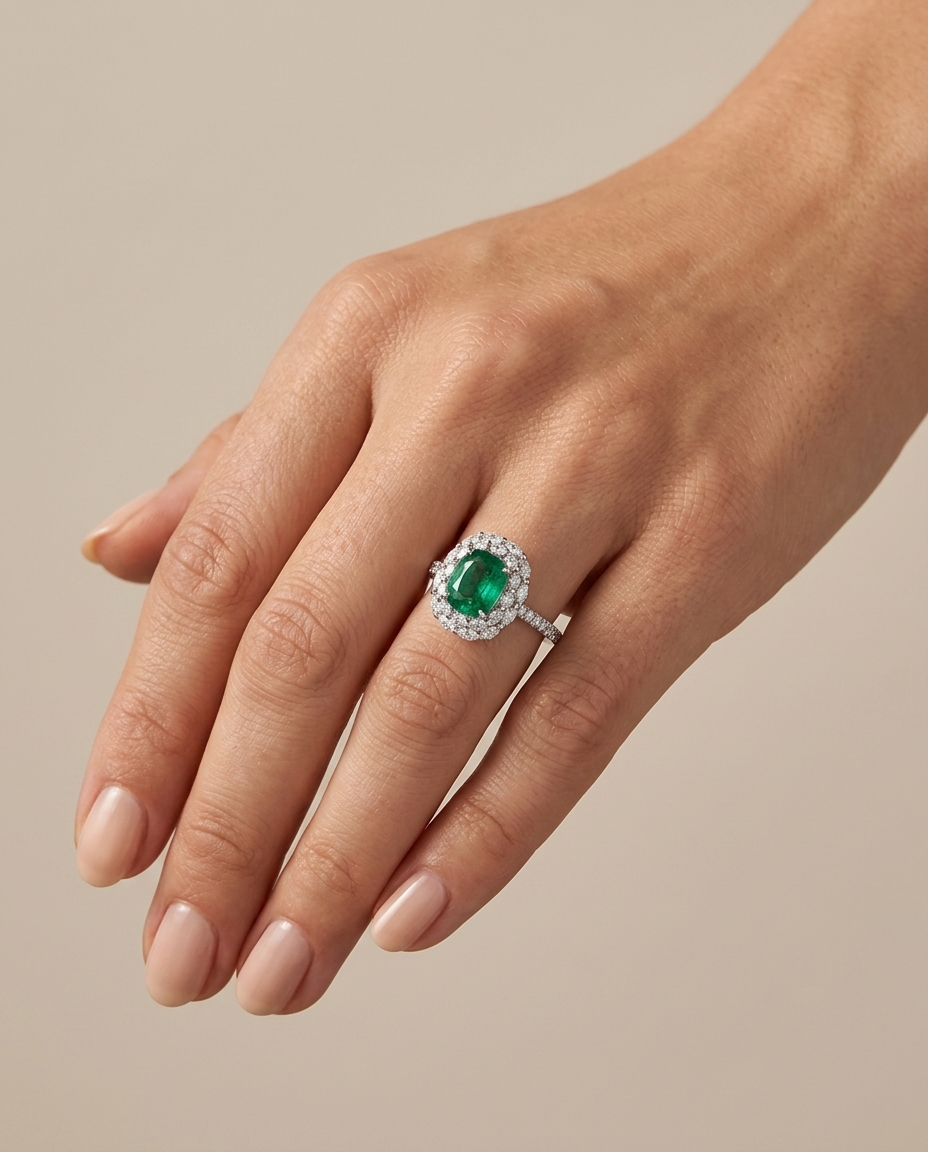 18KT White Gold Emerald and Diamonds Ring view 2