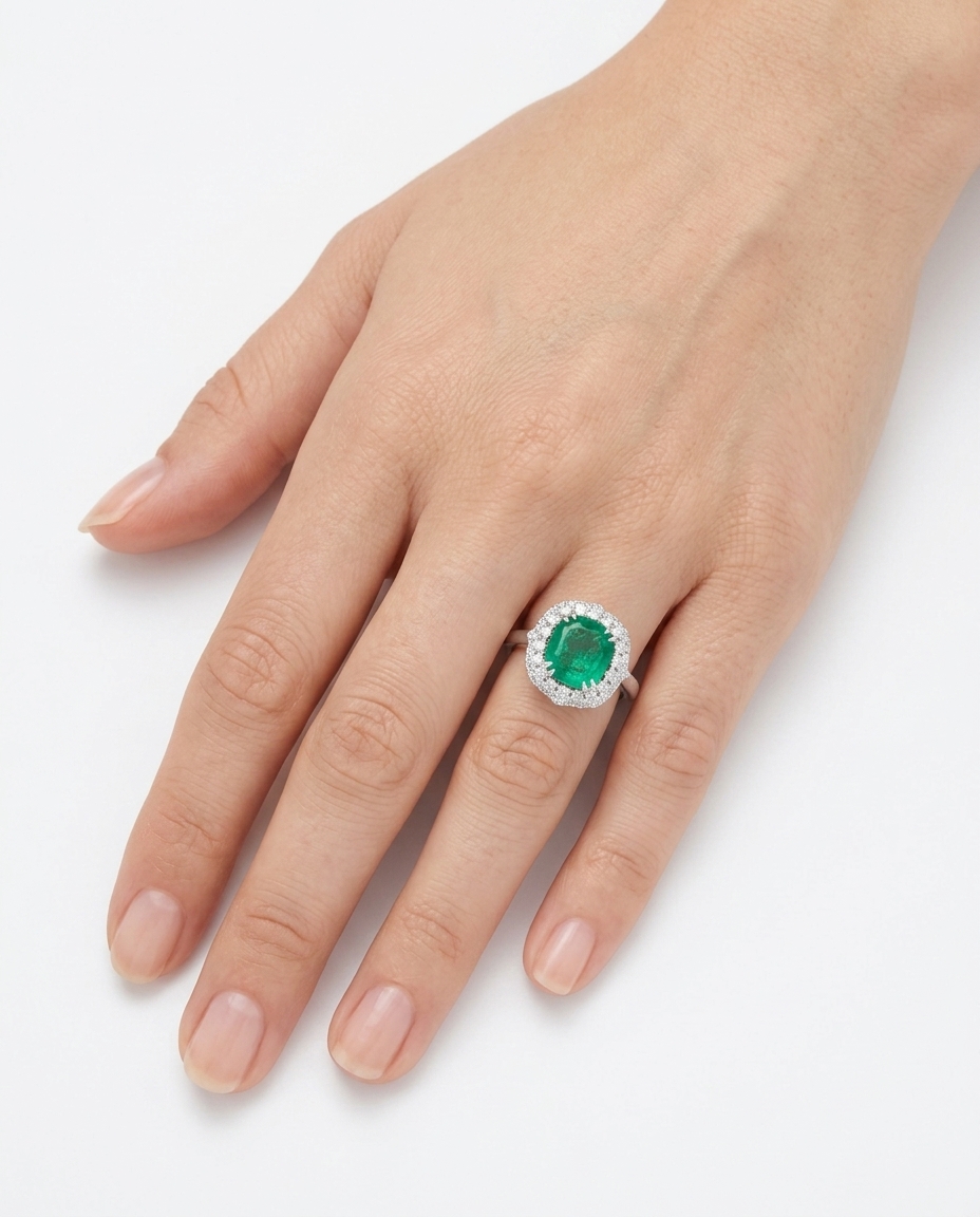 18KT White Gold Emerald and Diamonds Ring view 2