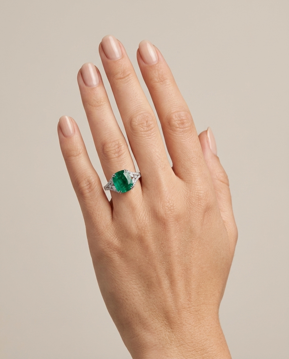 18KT White Gold Emerald and Diamonds Ring view 2