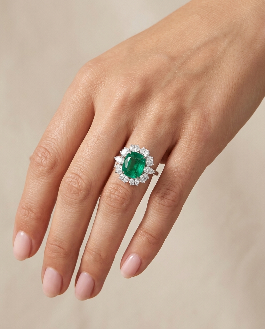 18KT White Gold Emerald and Diamonds Ring view 2