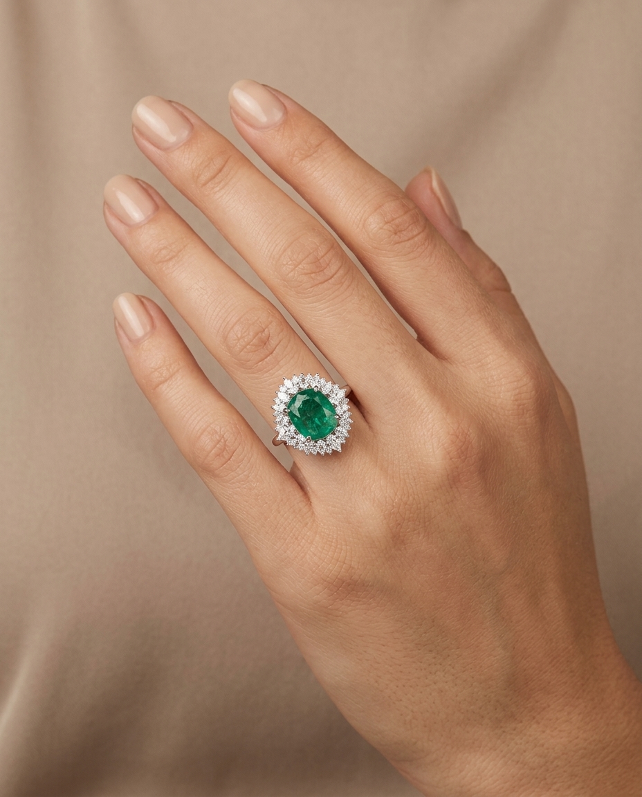 18KT White Gold Emerald and Diamonds Ring on model