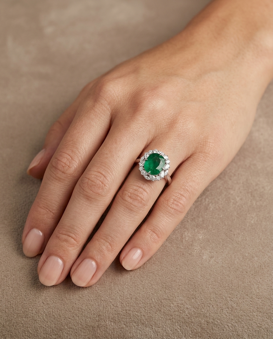 18KT White Gold Emerald and Diamonds Ring on model