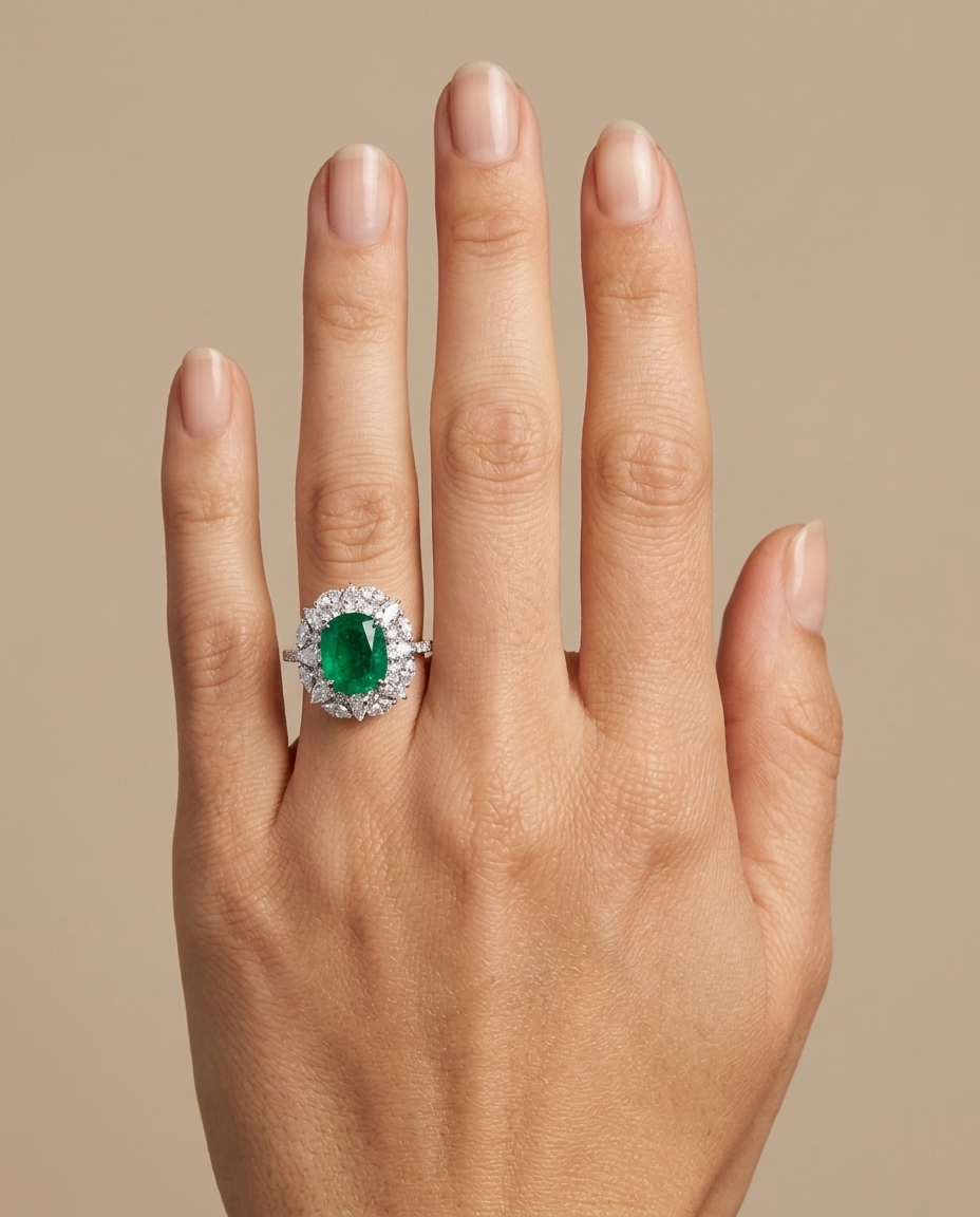 18KT White Gold Emerald and Diamonds Ring view 2