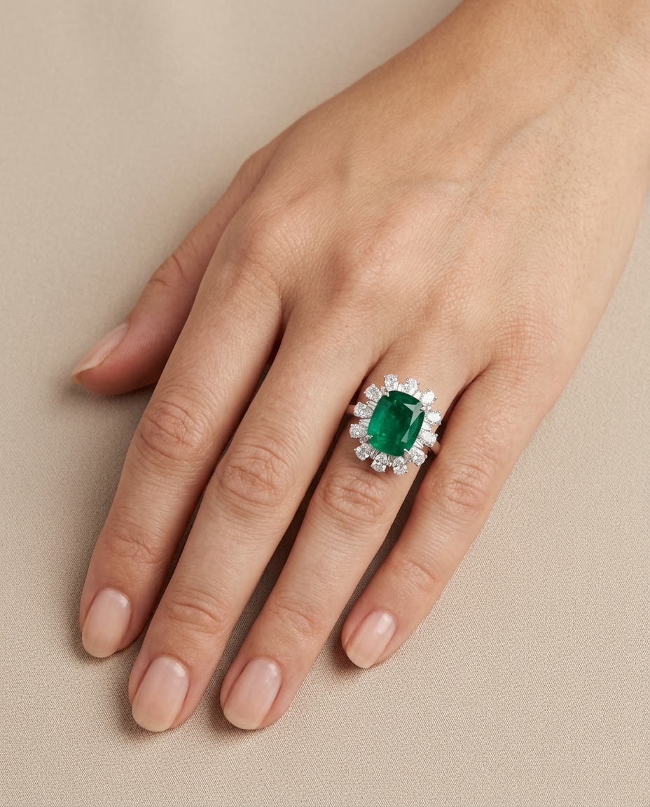 18KT White Gold Emerald and Diamonds Ring on model