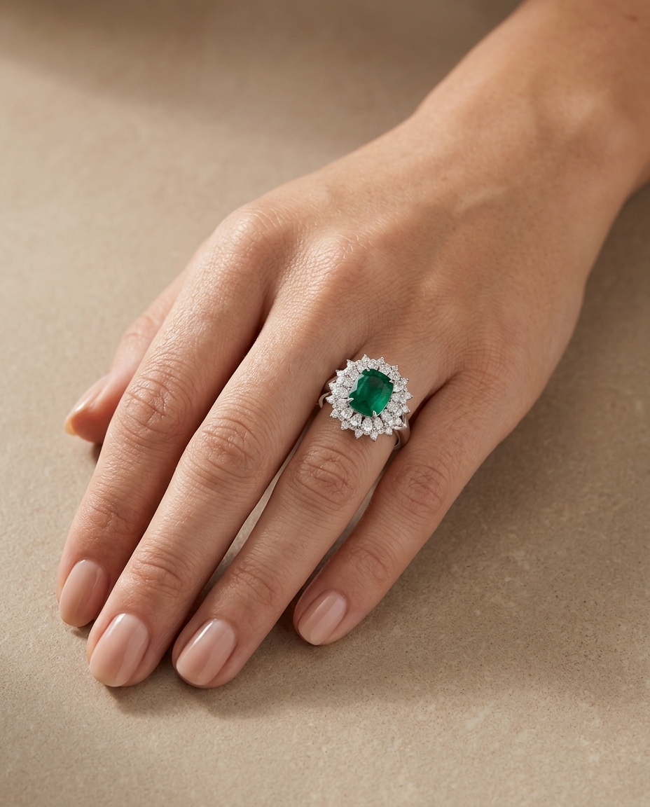 18KT White Gold Emerald and Diamonds Ring view 2