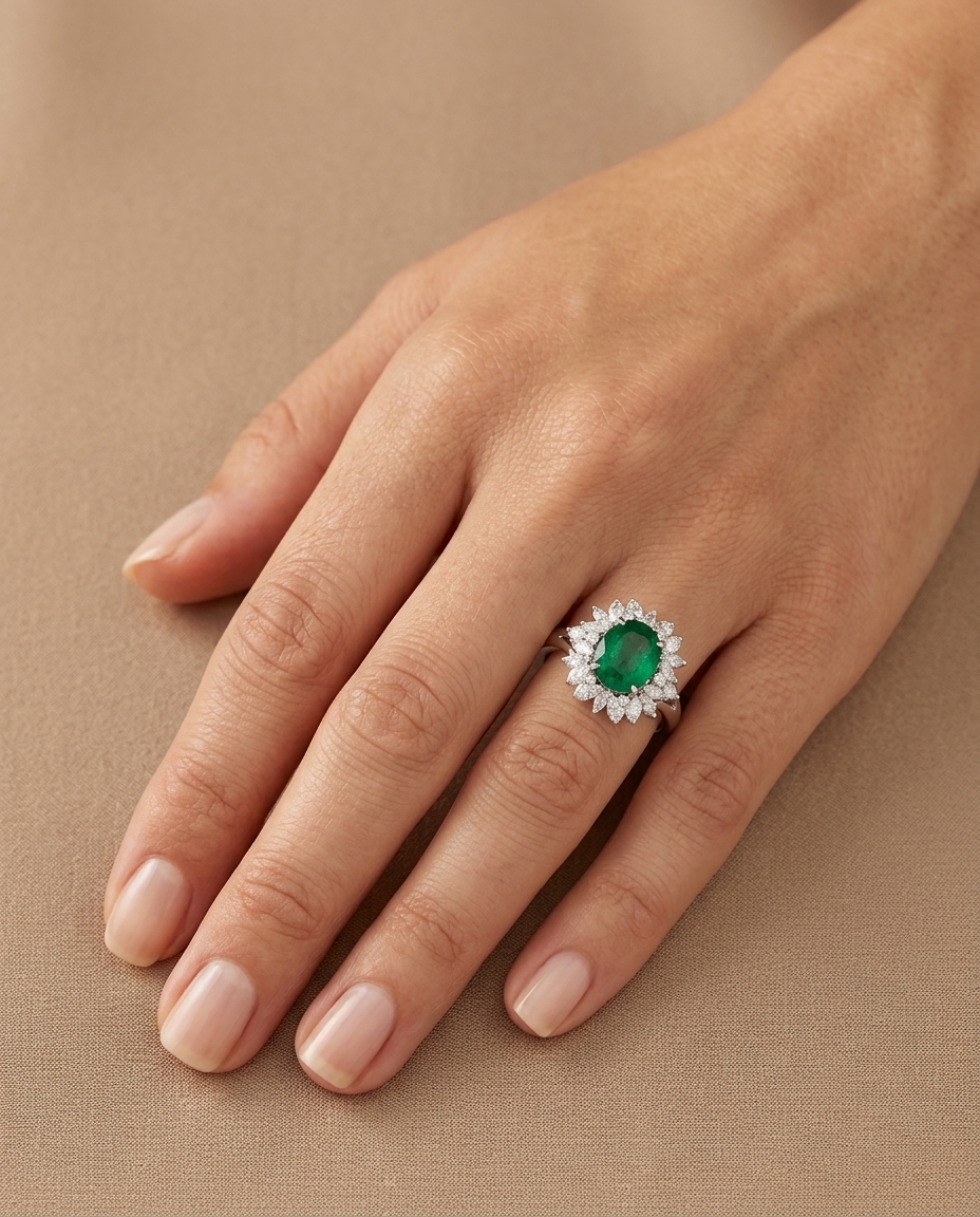 18KT White Gold Emerald and Diamonds Ring view 2