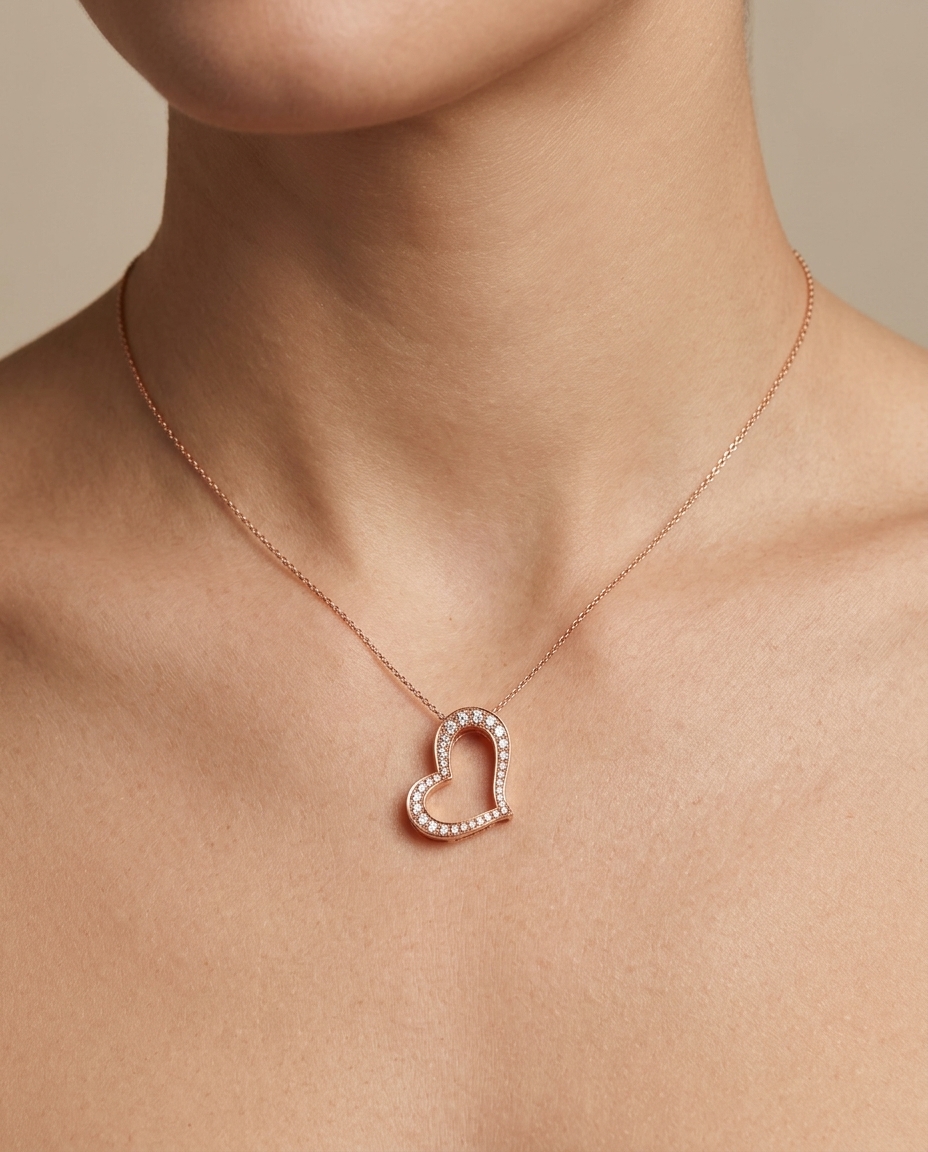 14KT Rose Gold Pink Diamond Heart Shape Necklace on model