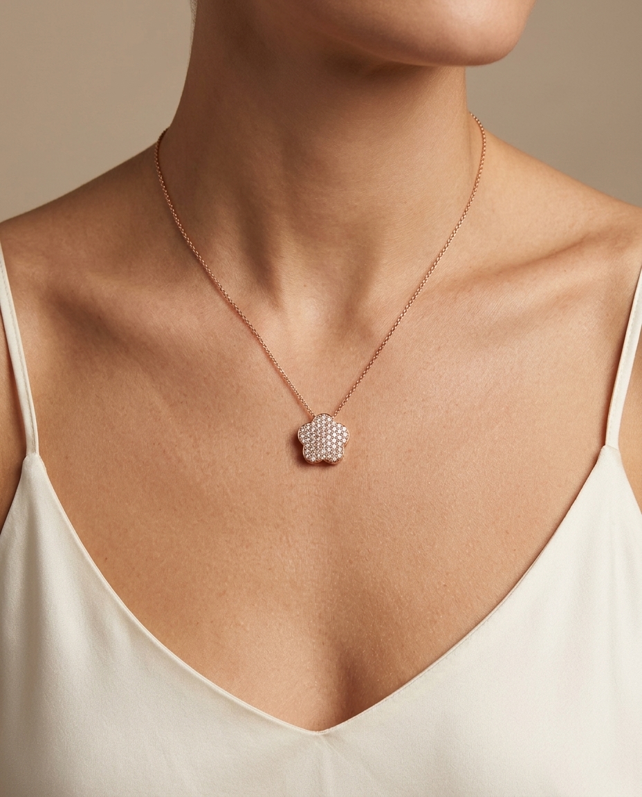 14KT Gold Diamond Flower Necklaces on model