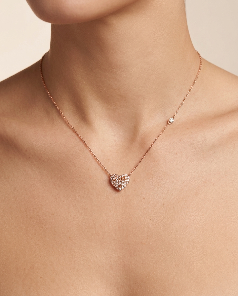 14KT Rose Gold Pink Diamond Heart Shape Necklace on model