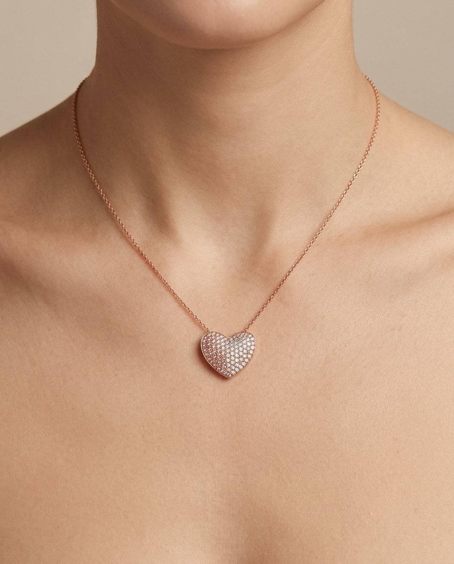 14KT Rose Gold Pink Diamond Heart Shape Necklace on model