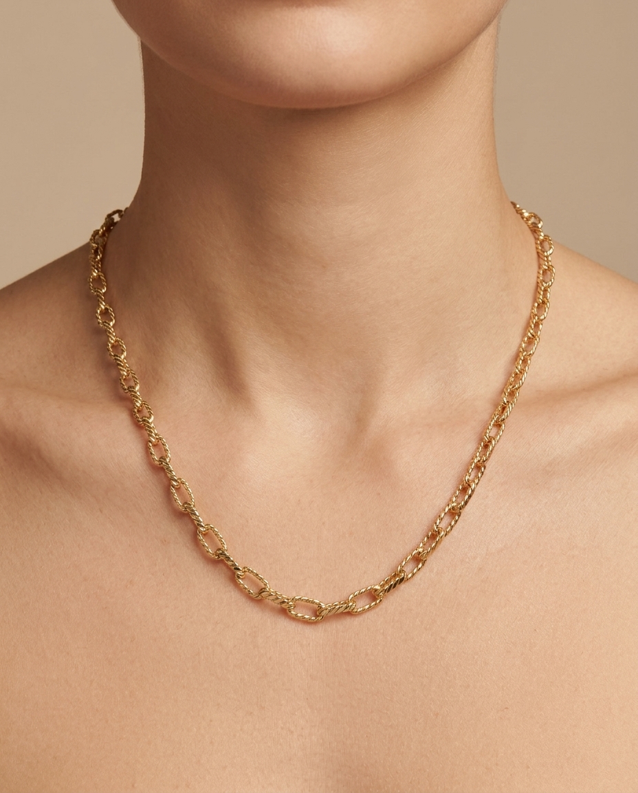 14KT Gold Textured Paperclip Necklace on model