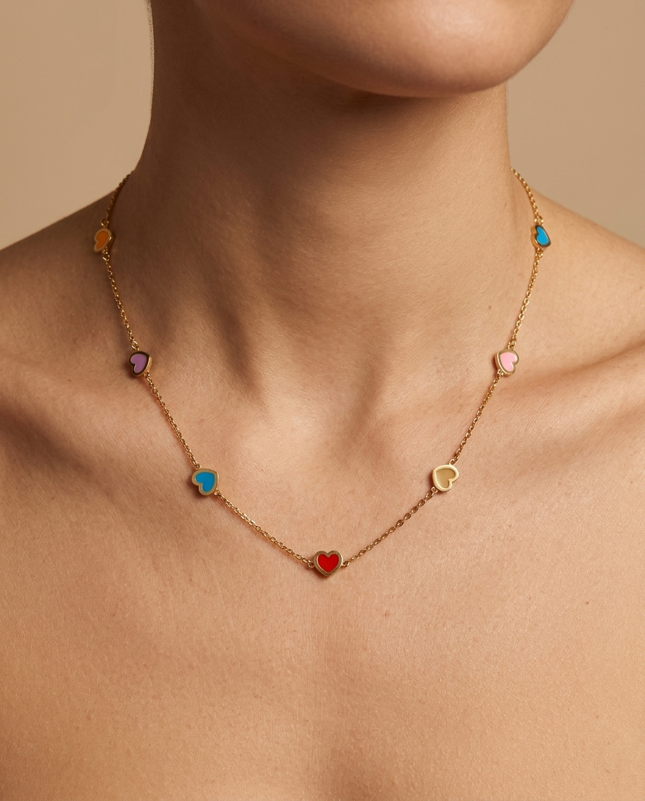 Multicolor Heart Necklace in Yellow Gold on model