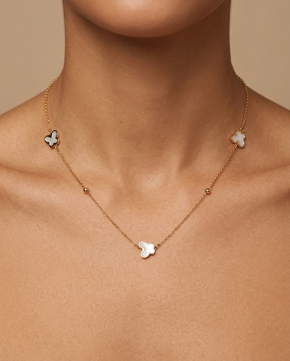 Mop 3 Buterfly Necklace in Yellow Gold on model