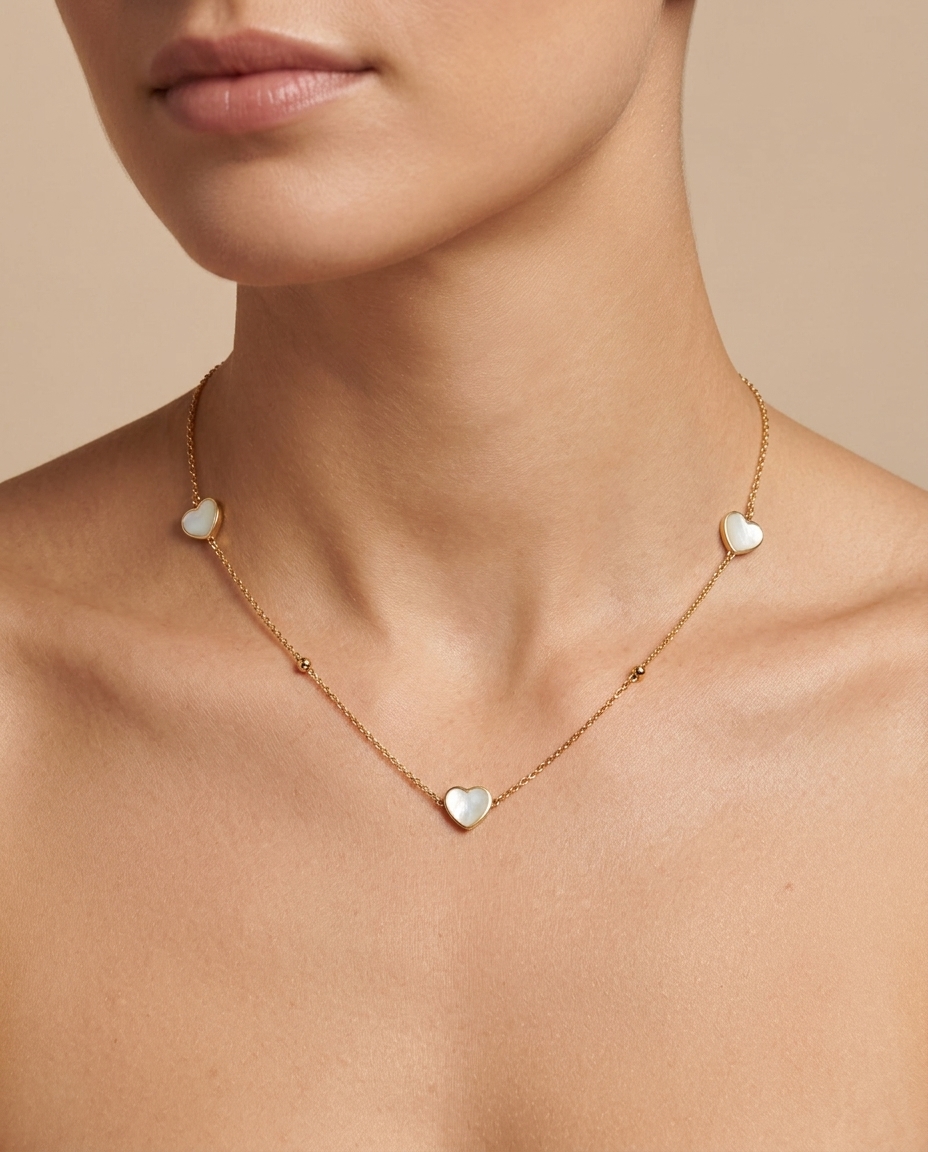 Mop 3 Heart Necklace in Yellow Gold on model