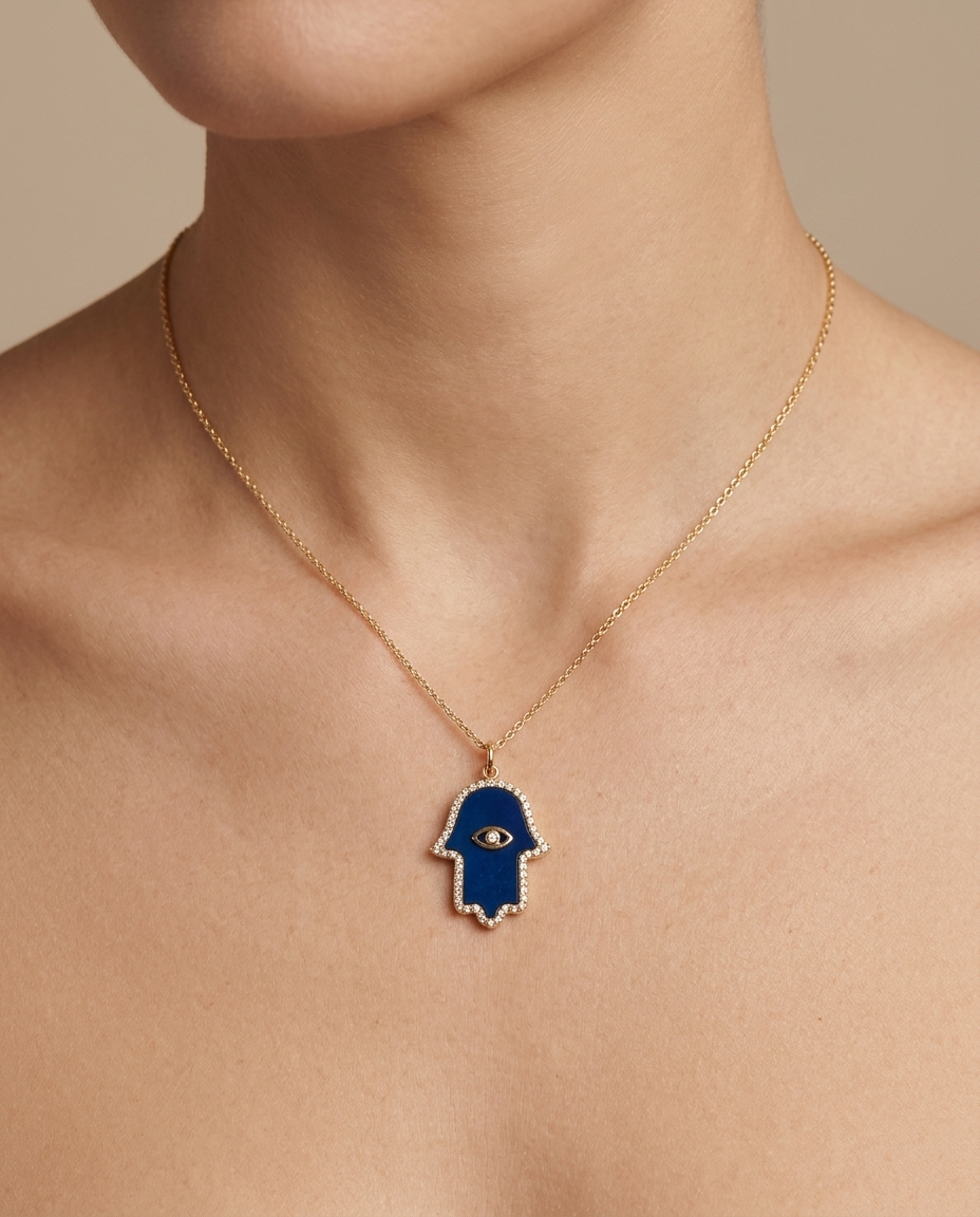 Lapis Hamsa Diamond Pendant in Yellow Gold on model