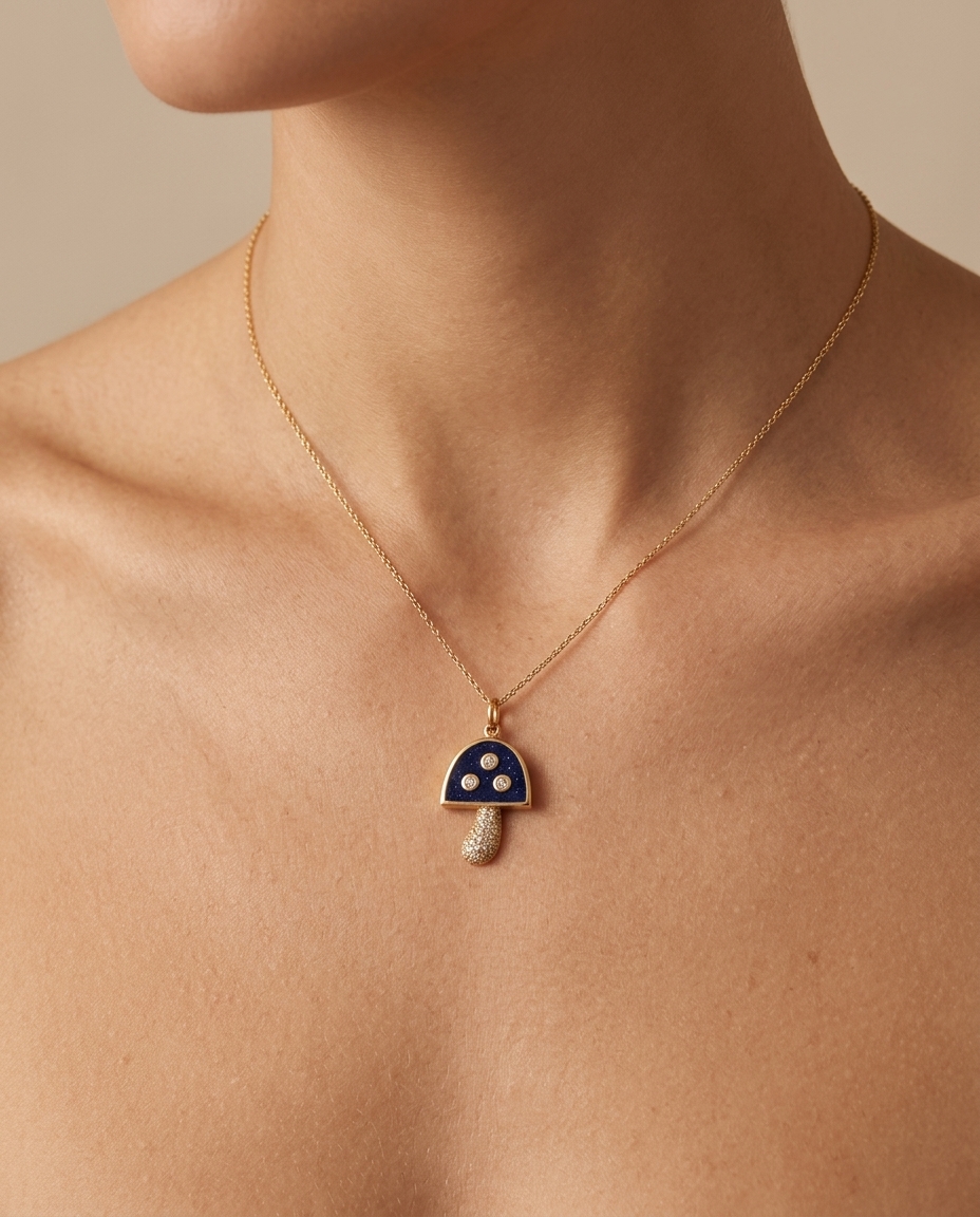 Lapis Mushroom Diamond Pendant in Yellow Gold on model