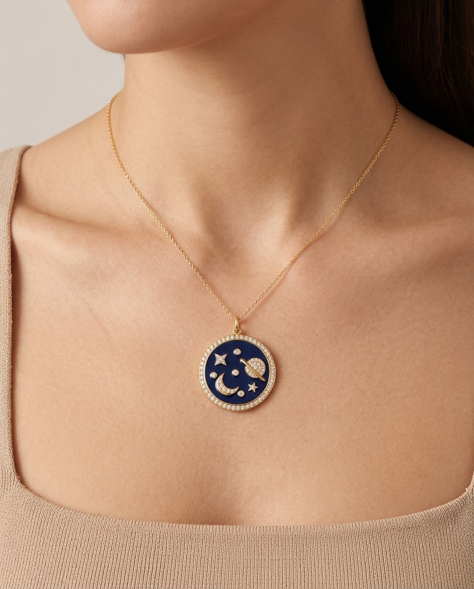 Lapis Disk with Diamond Universe Pendant in Yellow Gold on model