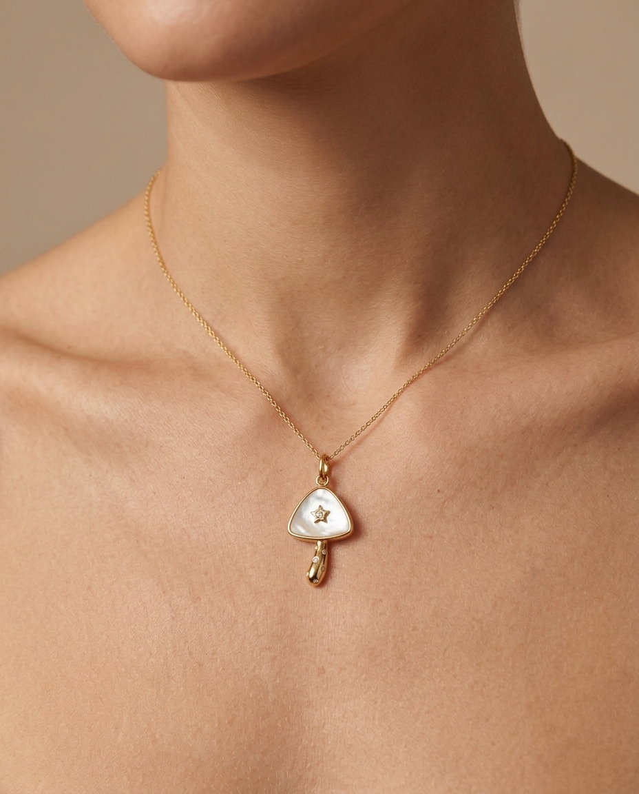 Mop Mashroom Pendant in Yellow Gold on model