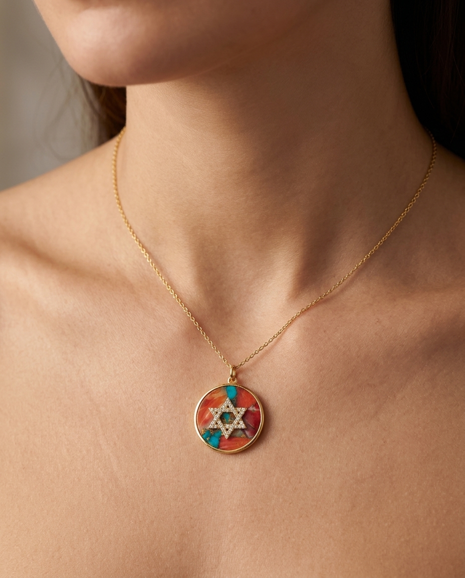 Turquoise Disk Star of David Diamond Pendant in Yellow Gold on model