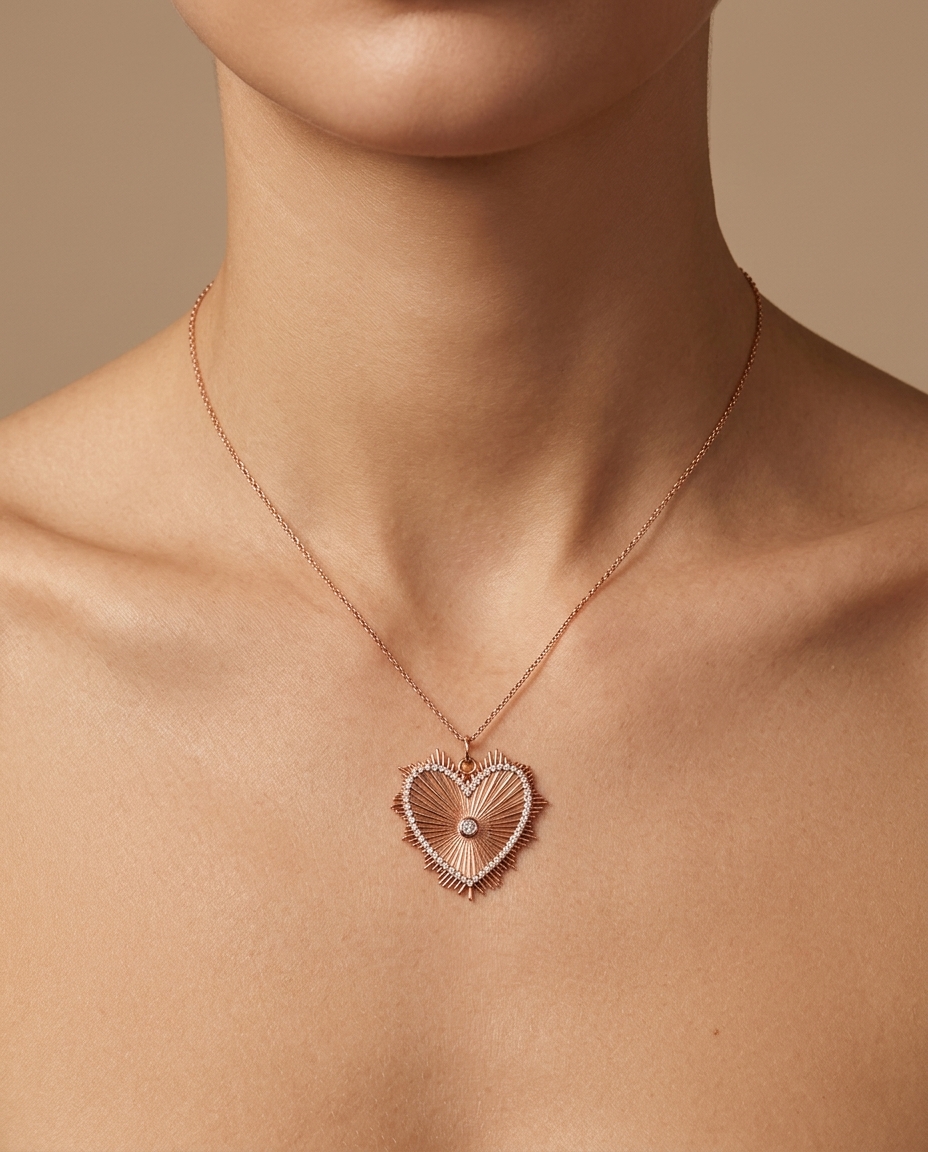 Diamond Heart Pendant in Yellow Gold on model