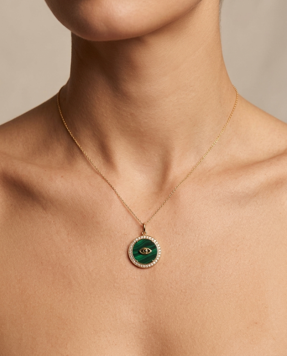 Lapis Round Evil Eye Diamond Pendant in Yellow Gold on model