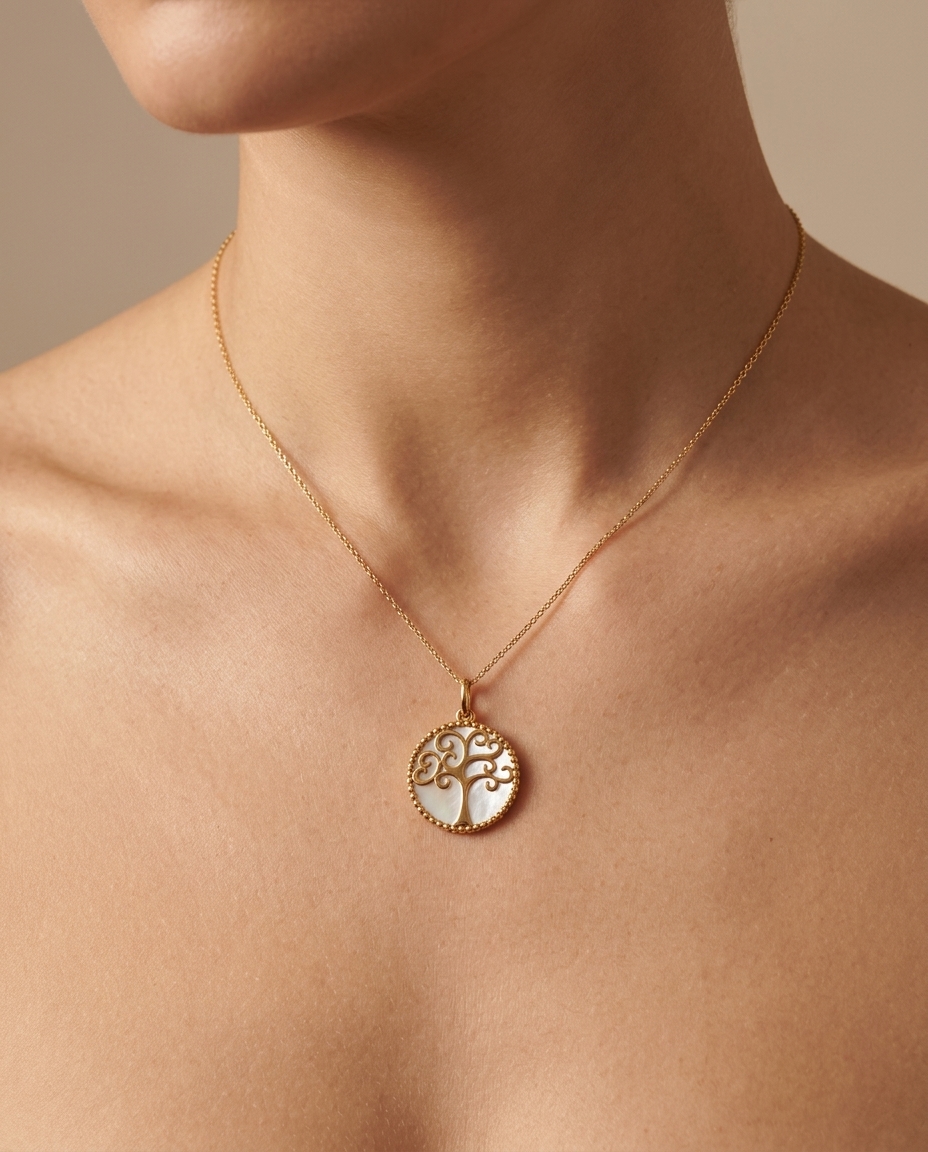 Mop Tree of Life Pendant in Yellow Gold on model