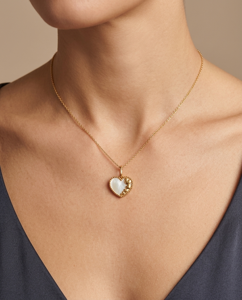 Mop Heart Pendant in Yellow Gold on model