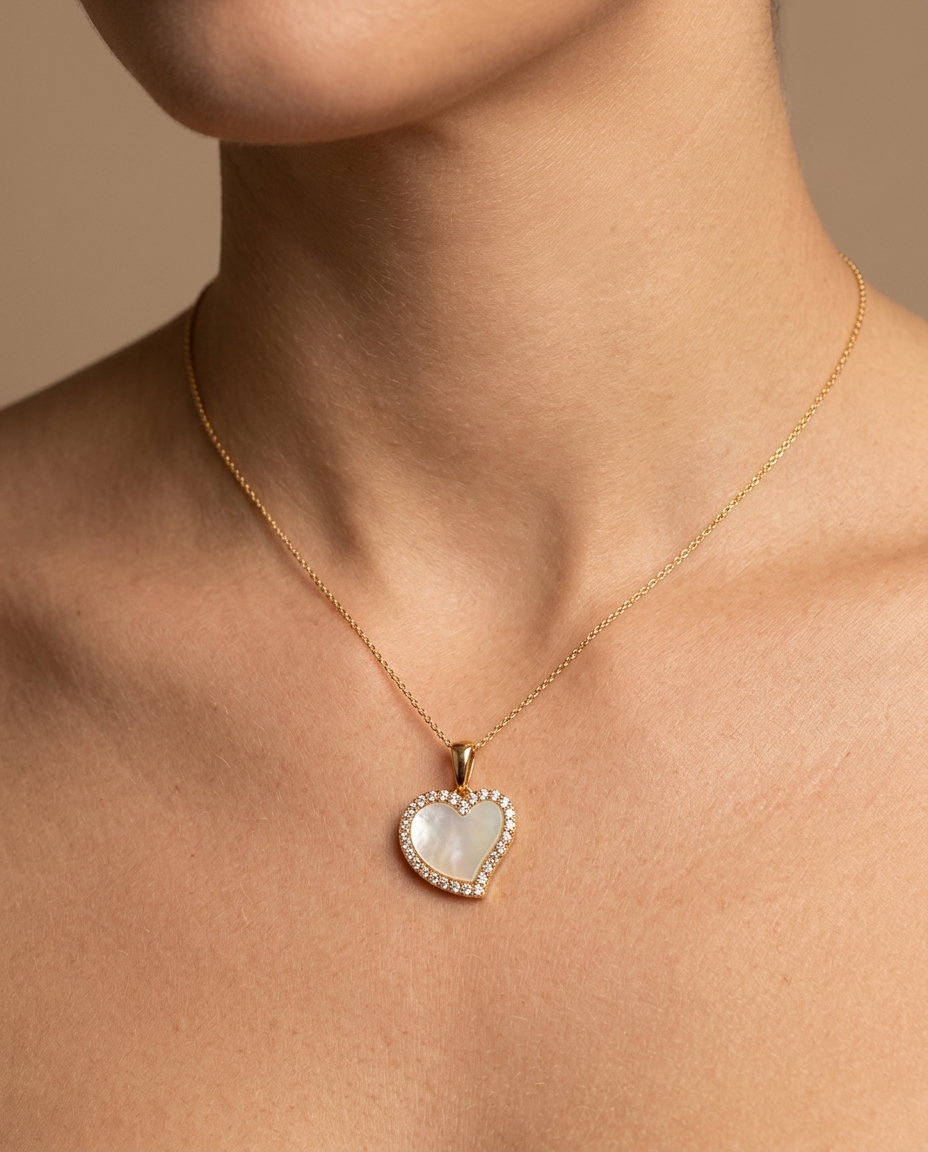 Mop Heart Diamond Pendant in Yellow Gold on model