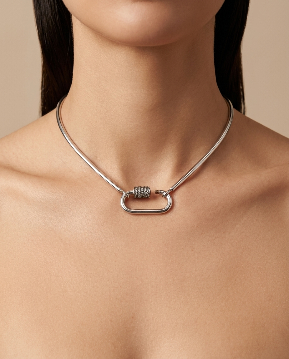 Diamond Lock Pendant in White Gold on model