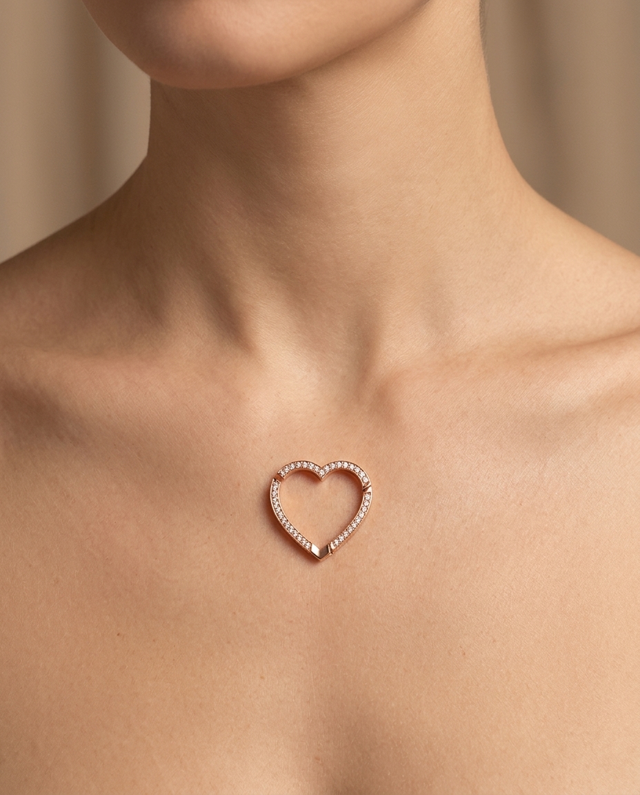 Diamond Heart Lock Pendant in Yellow Gold on model