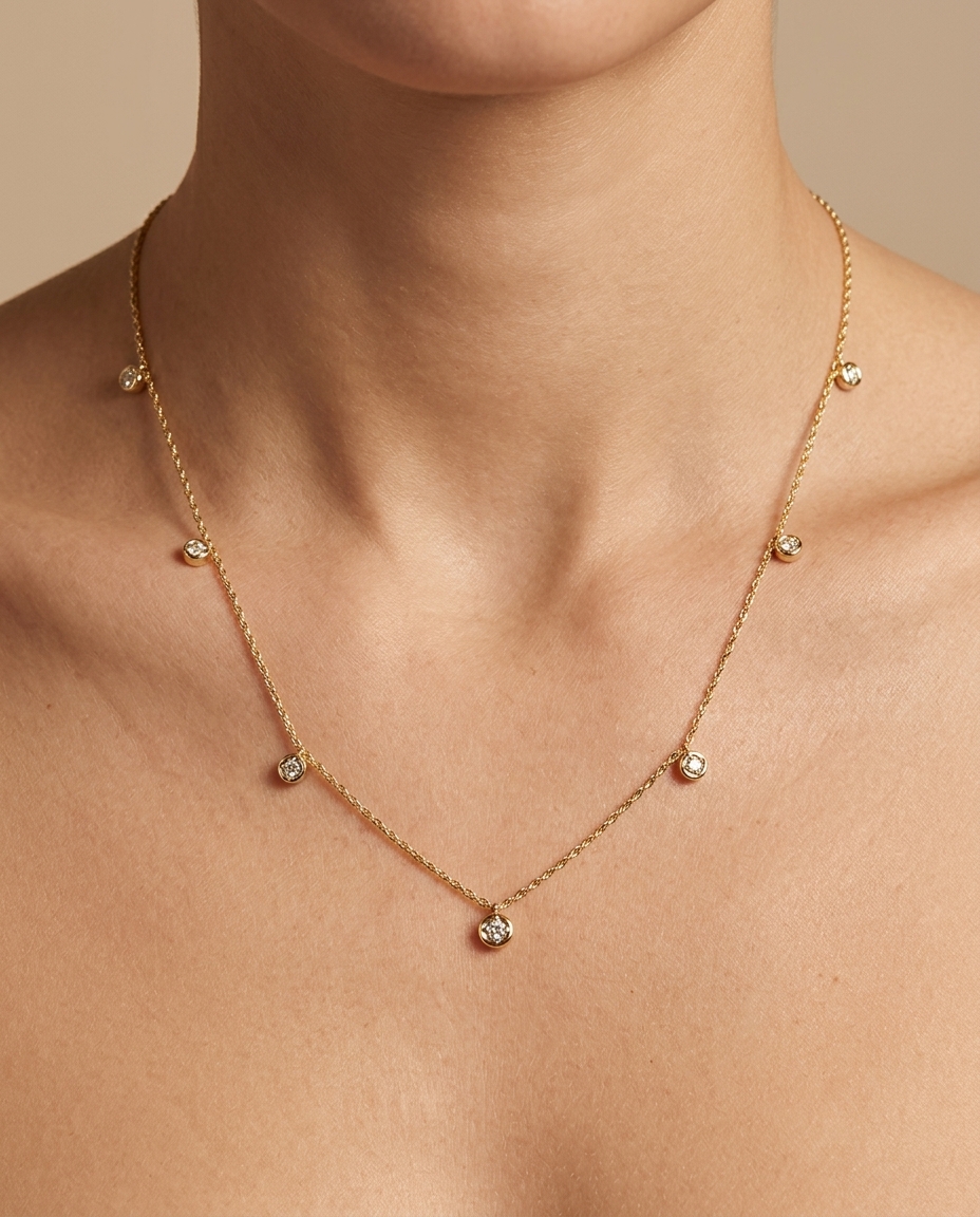 7 Bezel Stone Diamond Necklace in Yellow Gold on model