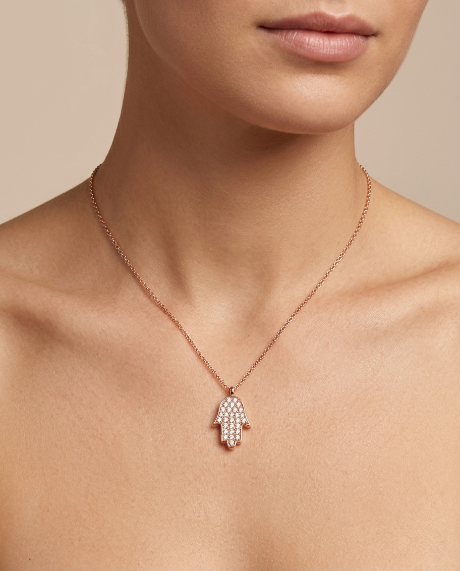 Hamsa Diamond Necklace in Rose Gold on model