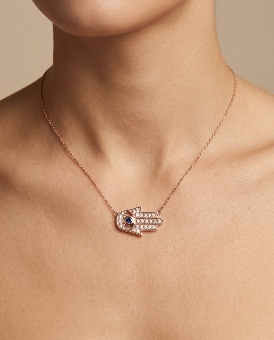 Hamsa Sapphire Center Diamond Necklace in Rose Gold on model
