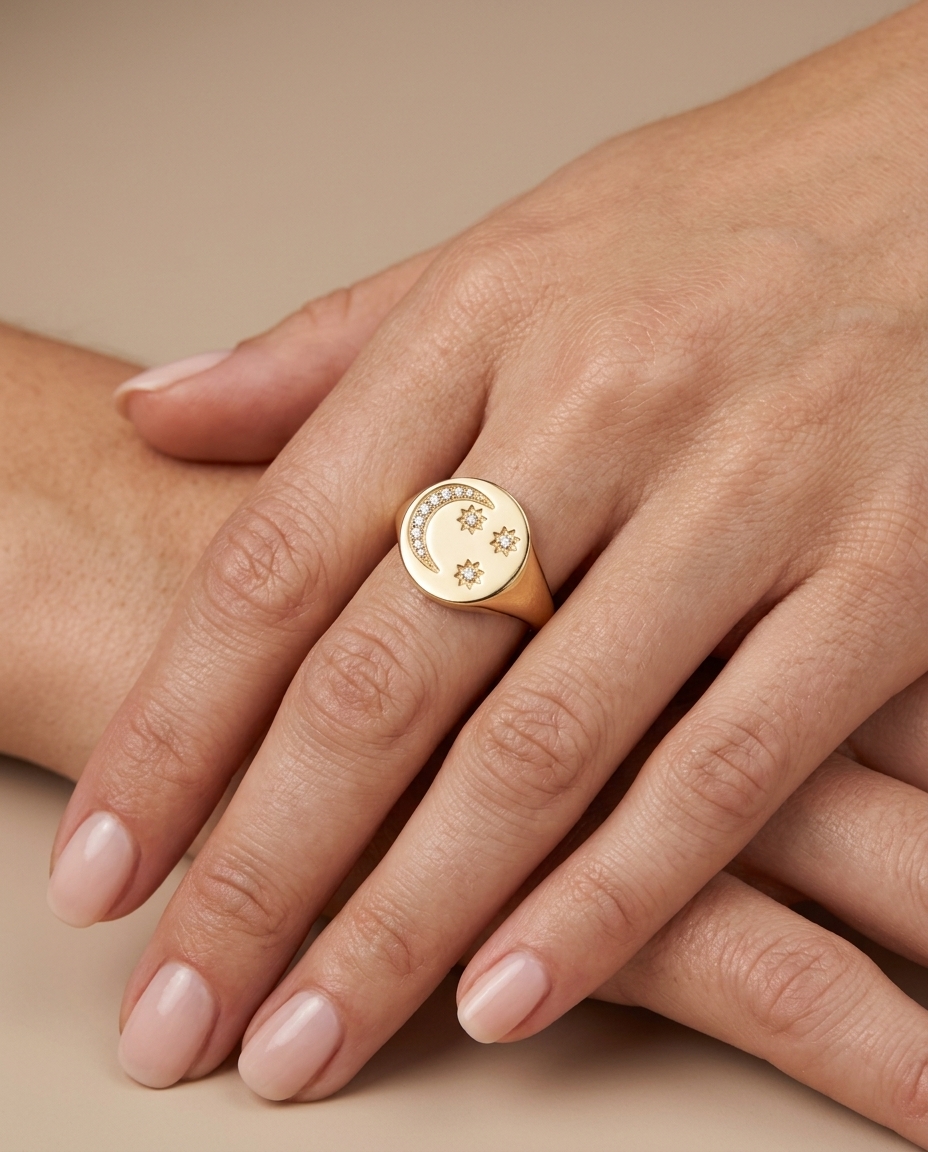 Pinky Crecent and 3 Stars Diamond Ring in Yellow Gold on model