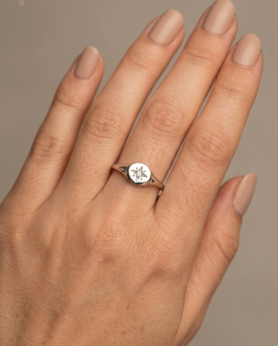 1 Stone Star Diamond Ring in White Gold on model