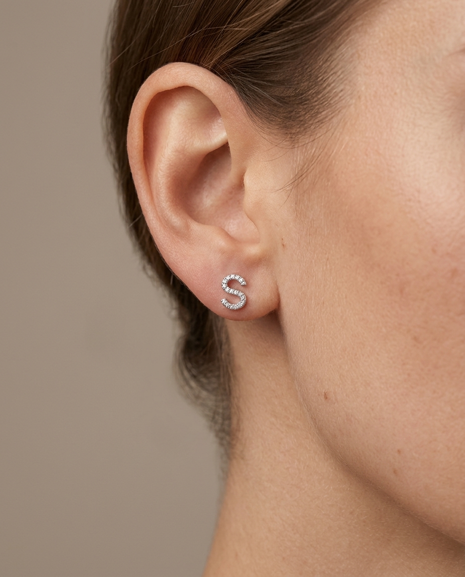 S Initial Diamond Earrings in White Gold on model