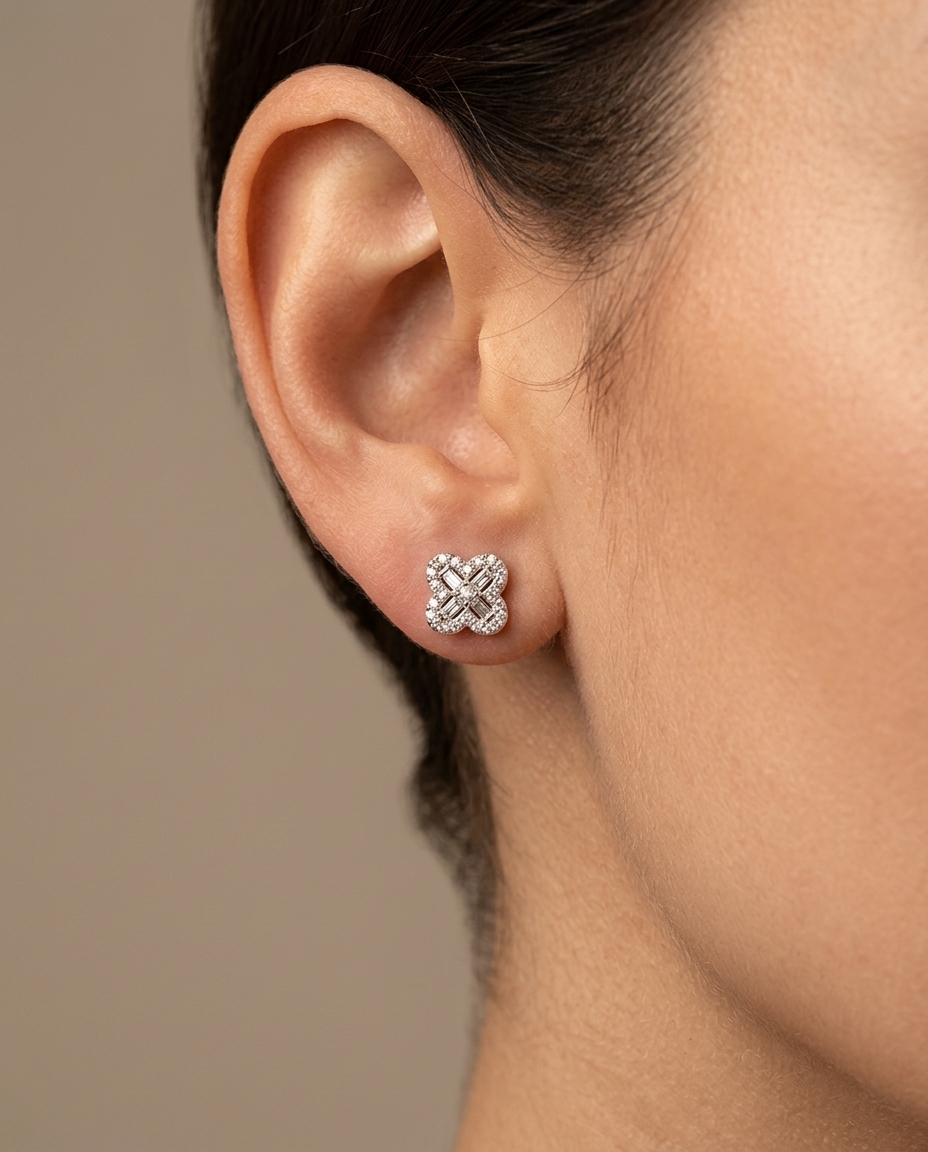 Baguette Clover with Round Diamond Earrings in White Gold on model