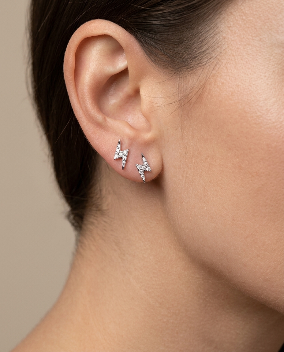Lightning Bolt Diamond Errings Earrings in White Gold on model