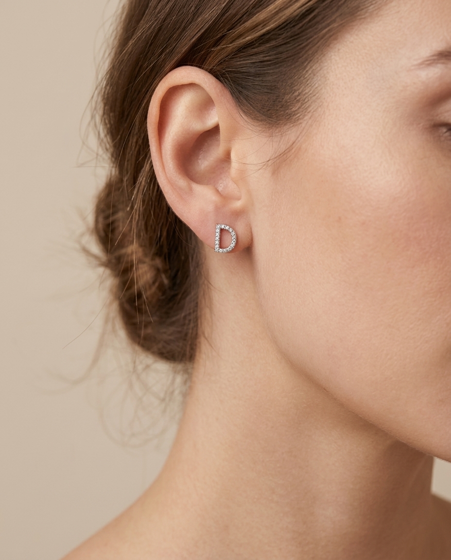 D Initial Diamond Earrings in White Gold on model