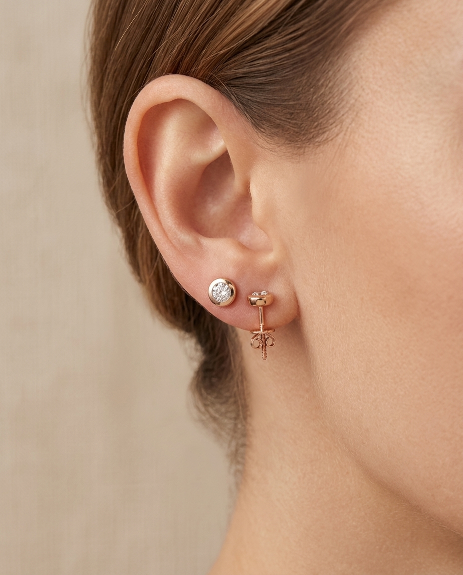 Single Stone Illusion Bezel Earrings in Rose Gold on model