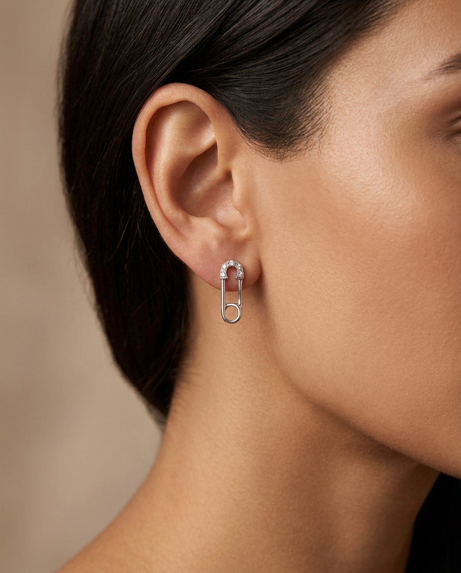 Safety Pin Diamond Earrings in White Gold on model