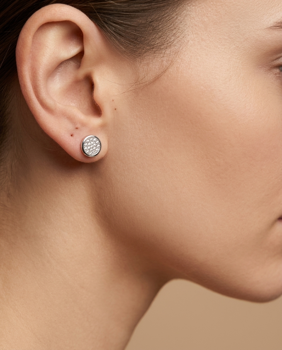 Flat Disc Diamond Earrings in White Gold on model
